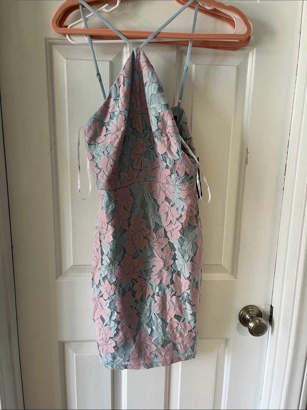 Lulu's Pink and Light Blue Floral Lace Halter Dress